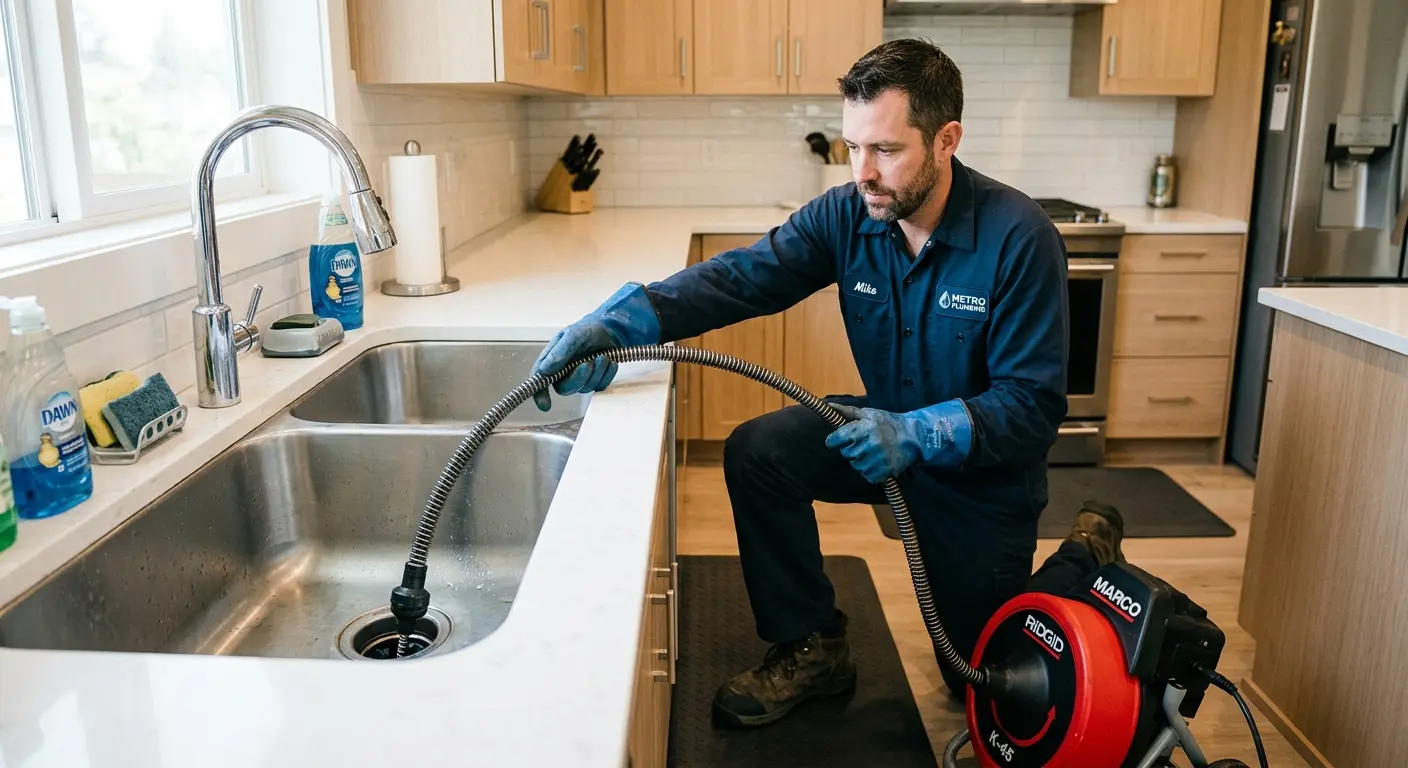 Drain cleaning technician using a motorized snake on a kitchen sink in East Lansing