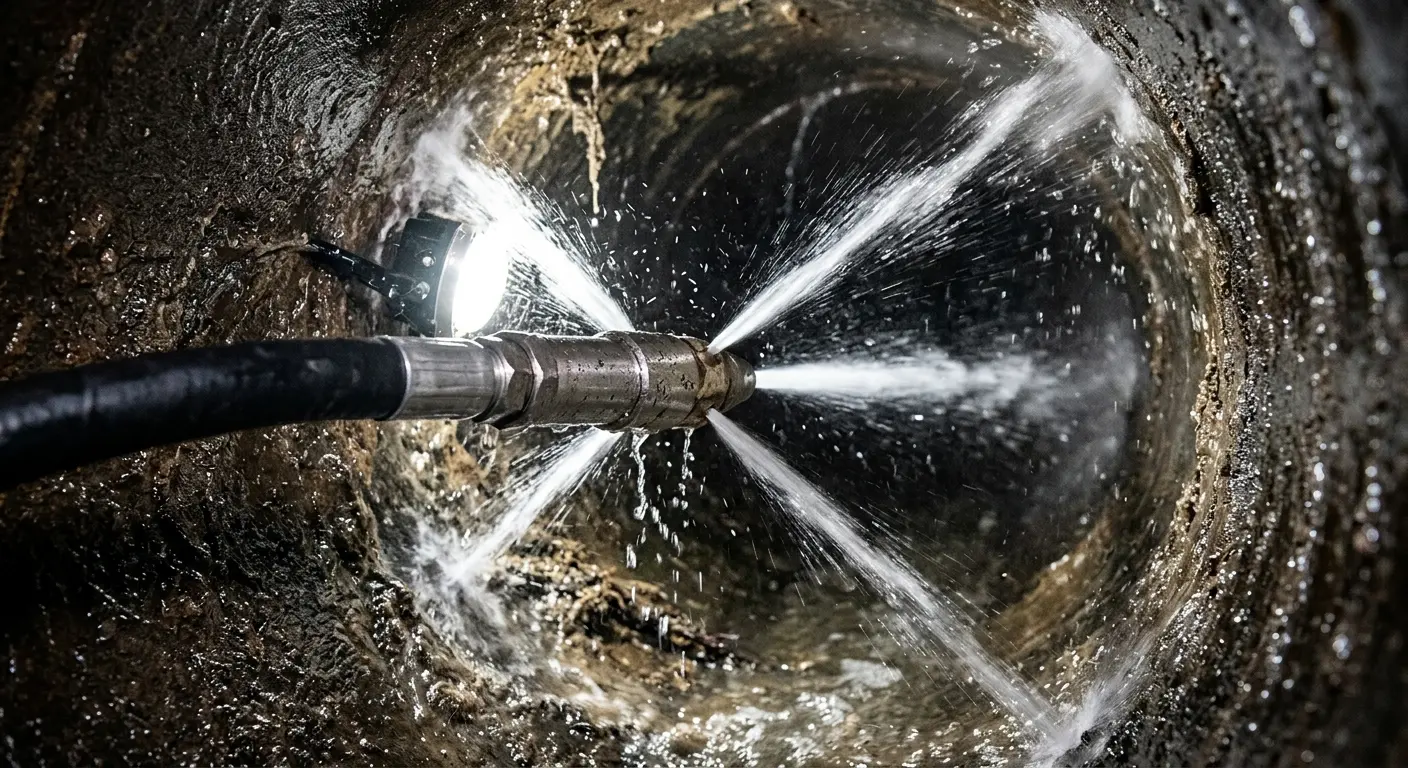 High-pressure hydro jetting nozzle cleaning sewer pipe for Trenchless Sewer Repair in East Lansing