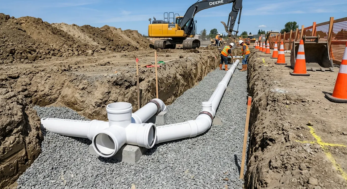 New PVC sewer pipe installation in open trench for Sewer Backup in East Lansing