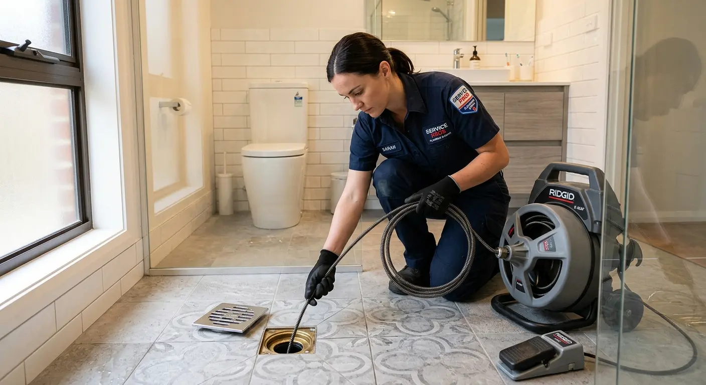Technician clearing a bathroom floor drain for Sewer Line Installation in East Lansing